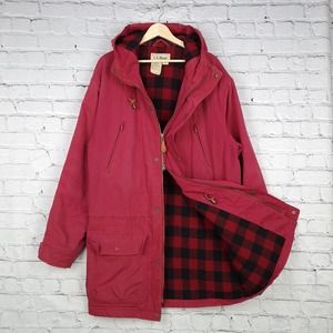 LL Bean Jacket Mens LT Red Buffalo Plaid Wool Blanket Lined Baxter State Parka